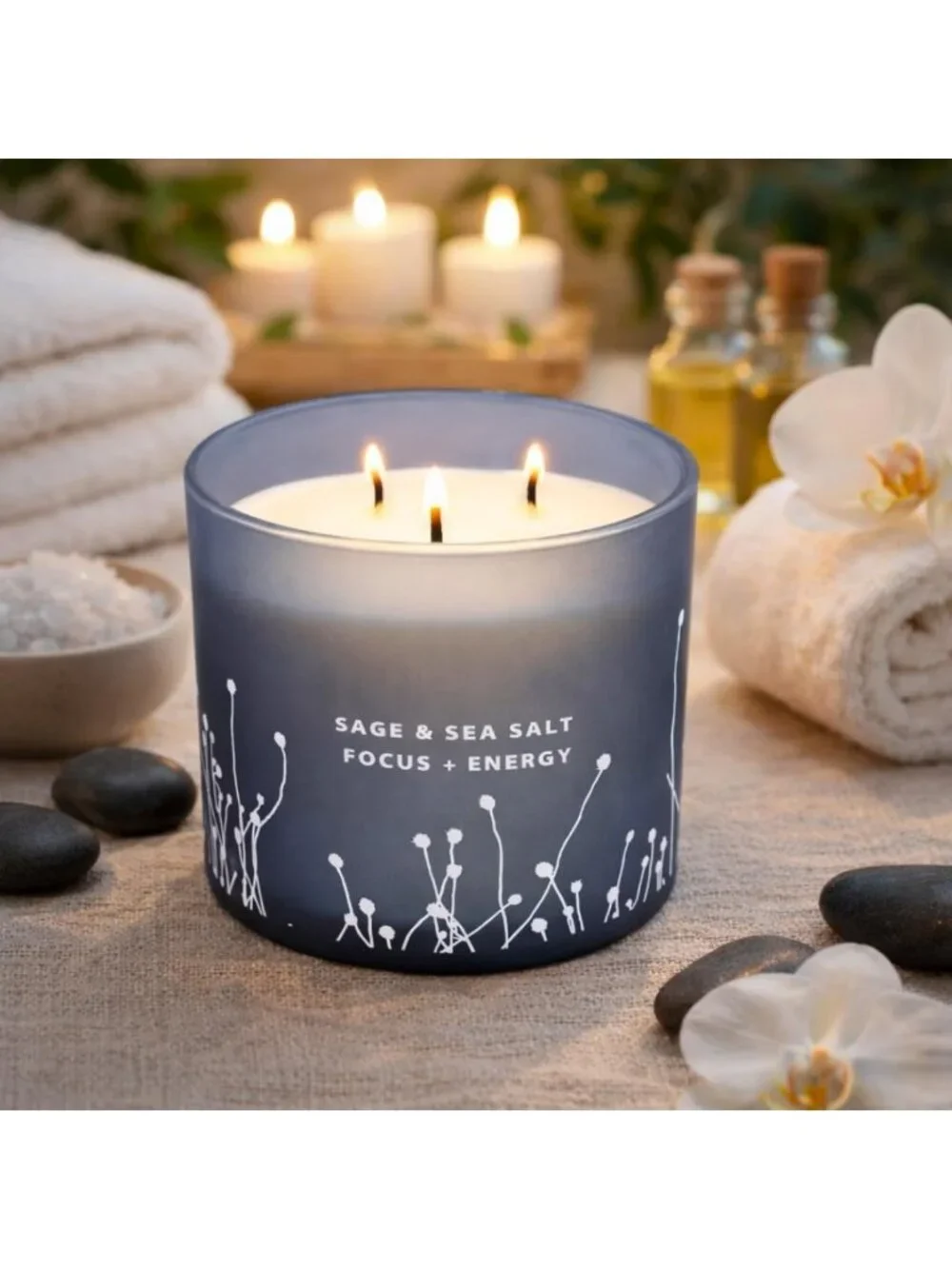 Large White Sage & Sea Salt 3-Wick Soy Candle - Aromatherapy for Cleansing